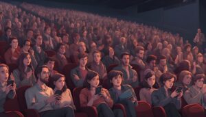 Картинка людей, сидящих в театре в телефонах